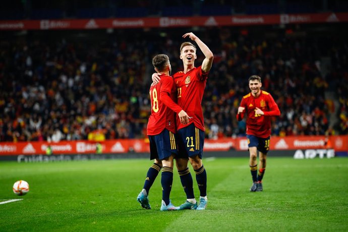 Dani Olmo of Spain celebrates a goal during the International Friendly match between Spain and Albania at RCD Stadium on March 26, 2022 in Barcelona, Spain.