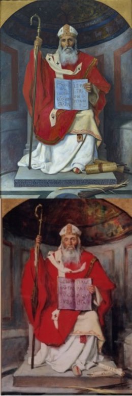 La obra de 'Osio', del pintor Ángel María de Barcia, que se encuentra en el Museo Diocesano de Córdoba, cuyo boceto (parte baja) fue donado al Museo de Bellas Artes.