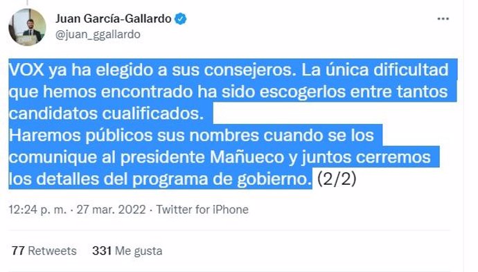Captura del tuit de Juan García-Gallardo.