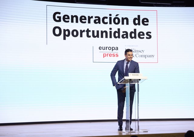 El presidente del Gobierno, Pedro Sánchez; interviene en el encuentro del foro 'Generación de Oportunidades', a 28 de marzo de 2022, en Madrid (España). 