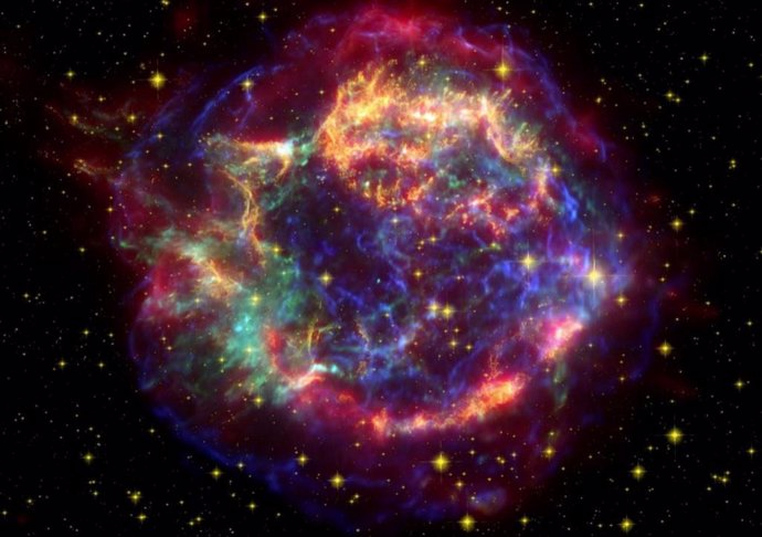 Imagen a color de Cassiopeia A basada en datos de los telescopios espaciales Hubble, Spitzer y Chandra