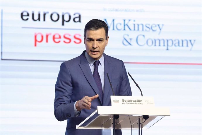 El presidente del Gobierno, Pedro Sánchez; interviene en el encuentro del foro 'Generación de Oportunidades', a 28 de marzo de 2022, en Madrid (España). 'Generación de Oportunidades' es la plataforma creada por Europa Press en colaboración con McKinsey,