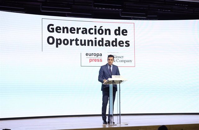 El presidente del Gobierno, Pedro Sánchez; interviene en el encuentro del foro 'Generación de Oportunidades', a 28 de marzo de 2022, en Madrid (España). 