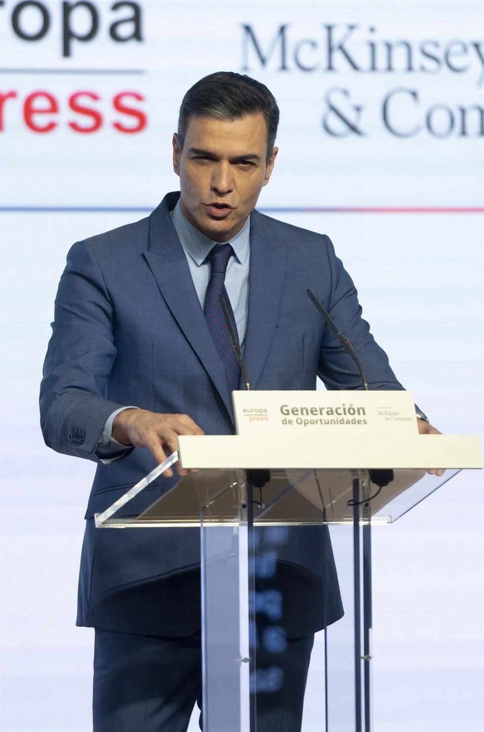 El presidente del Gobierno, Pedro Sánchez; interviene en el encuentro del foro 'Generación de Oportunidades', a 28 de marzo de 2022, en Madrid (España). 'Generación de Oportunidades' es la plataforma creada por Europa Press en colaboración con McKinsey,