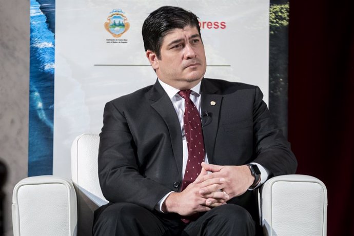 El presidente de la República de Costa Rica, Carlos Alvarado, durante un desayuno informativo de Europa Press, a 28  de marzo de 2022, en Madrid, (España).