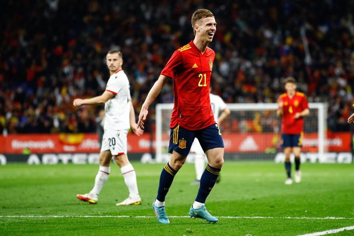 Dani Olmo of Spain celebrates a goal during the International Friendly match between Spain and Albania at RCD Stadium on March 26, 2022 in Barcelona, Spain.