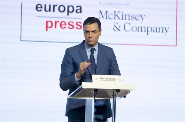 El presidente del Gobierno, Pedro Sánchez; interviene en el encuentro del foro 'Generación de Oportunidades', a 28 de marzo de 2022, en Madrid (España). 'Generación de Oportunidades' es la plataforma creada por Europa Press en colaboración con McKinsey.