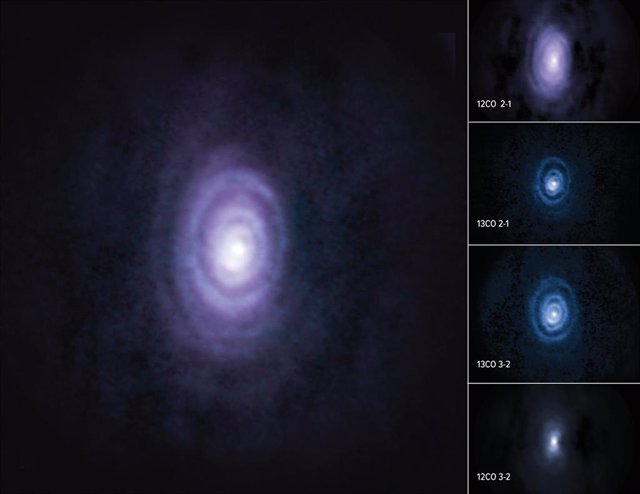 Mostrados aquí en forma compuesta, estos anillos salientes y la estructura de arco difuso del sexto anillo son moderadamente visibles en la línea de emisión del isótopo de carbono 12CO y se vuelven bien definidos en las vistas de los isótopos de carbono