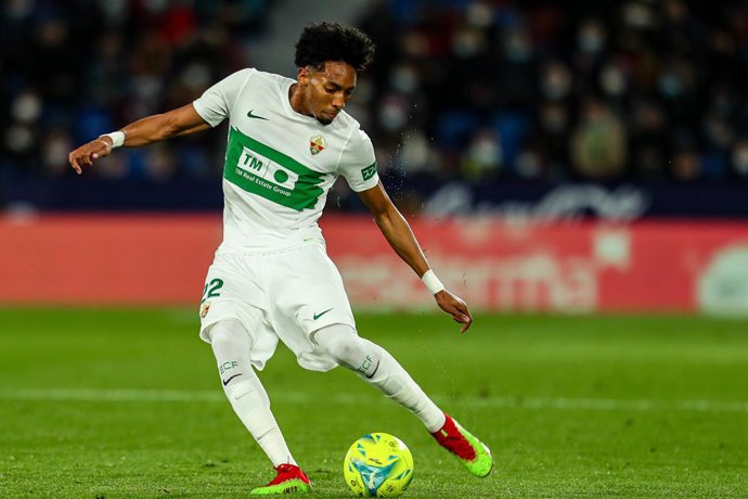 Johan Mojica of Elche CF in action during the Santander League match between Levante UD and Elche CF at the Ciutat de Valencia Stadium on February 25, 2022, in Valencia, Spain.