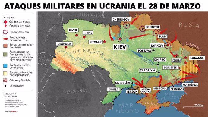 Mapa con ataques militares en Ucrania el 28 de marzo de 2022 (estado a las 11 horas). Las alarmas antiaéreas han vuelto a sonar en la noche del domingo al lunes en varias ciudades de Ucrania y se han registrado explosiones debido a ataques aéreos en las