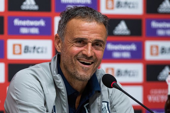 Luis Enrique, head coach of Spain, attends during the press conference before a friendly match agains Albania at RCD Stadium on March 25, 2022 in Barcelona, Spain.
