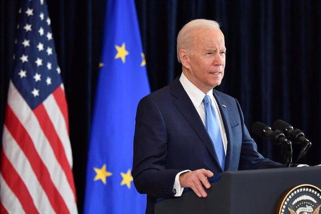 HANDOUT - 25 March 2022, Belgium, Brussels: US President Joe Biden speaks during a press conference with President of the European Commission Ursula von der Leyen (Not Pictured) after their meeting. The European Union will receive at least 15 billion cubi