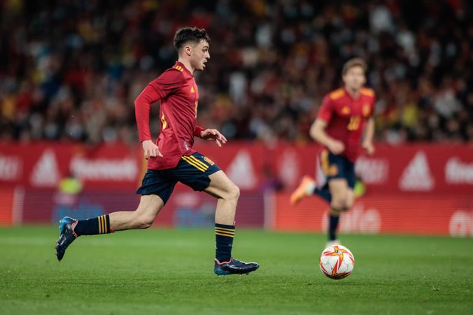Pedro "Pedri" Gonzalez of Spain in action during the International Friendly match between Spain and Albania at RCD Stadium on March 26, 2022 in Barcelona, Spain.