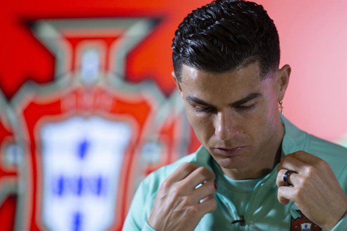 28 March 2022, Portugal, Porto: Portugal's Cristiano Ronaldo attends a press conference ahead of Tuesday's 2022 FIFA World Cup European qualification Play-Offs soccer match against North Macedonia. Photo: Pedro Correia/Atlantico Press via ZUMA Press/dpa