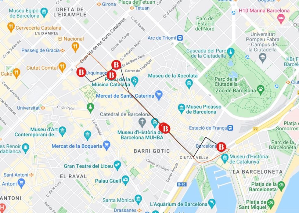 El recorrido que realiza el bus alternativo entre Barceloneta y Passeig de Grcia.