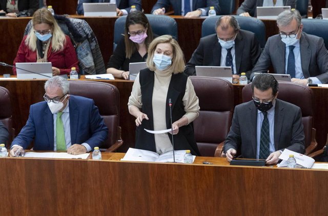 La consejera de Familia, Juventud y Política Social, Maria Concepción Dancausa Treviño, interviene en una sesión plenaria en la Asamblea de Madrid, a 17 de marzo de 2022, en Madrid (España). El pleno está marcado, entre otras cuestiones, por el debate de 