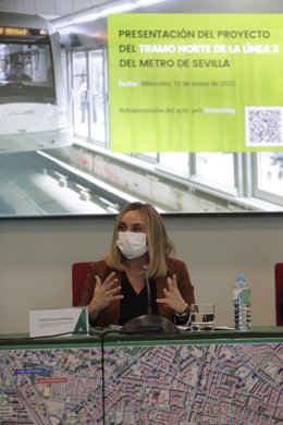 Archivo - La consejera de Fomento, Infraestructuras y Ordenación del Territorio, Marifrán Carazo, en la presentación del acto del tramo norte de la línea 3 del Metro de Sevilla.