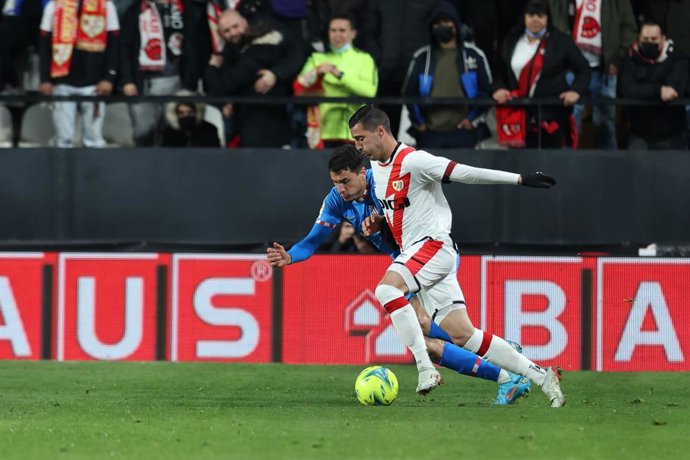Sergi Guardiola of Rayo Vallecano and Jose Maria Gimenez of Atletico de Madrid in action during the spanish league, La Liga Santander, football match played between Rayo Vallecano and Atletico de Madrid at Estadio de Vallecas on March 19, 2022, in Madri