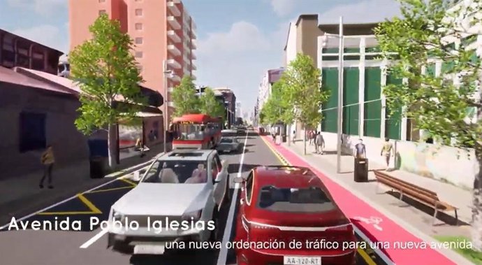 Simulación de cómo quedaría la avenida de Pablo de Iglesias (Gijón) con doble sentido y carril bici, recogida como medida en el  Plan de Movilidad Sostenible de Gijón 2021-2030