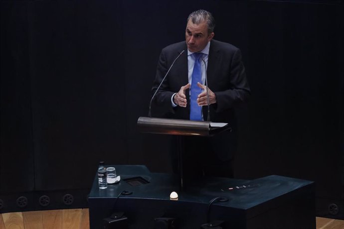 El secretario general de Vox, Javier Ortega-Smith, interviene en una sesión plenaria en el Ayuntamiento de Madrid, en el Palacio de Cibeles.