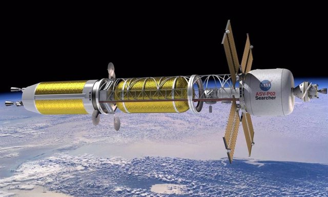 Vista visionaria de una misión de nave espacial habilitada por propulsión térmica nuclear (NTP) . Esta tecnología puede acortar los tiempos de viaje entre la Tierra y el Planeta Rojo... Y a otros destinos del espacio profundo.