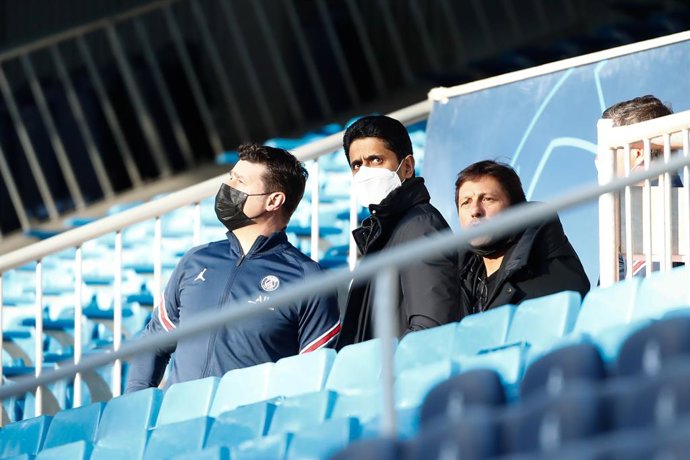 Mauricio Pochettino and Nasser Al-Khelaifi are seen during the training session of Paris Saint Germain PSG prior to the UEFA Champions League, round of 16 - second leg, football match against Real Madrid at Santiago Bernabeu stadium on March 8, 2022, in