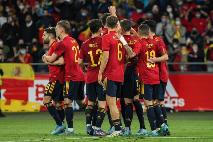 Alvaro Morata of Spain celebrates a goal during friendly football match played between Spain and Iceland at Riazor stadium on March 29, 2022, in La Coruna, Spain.