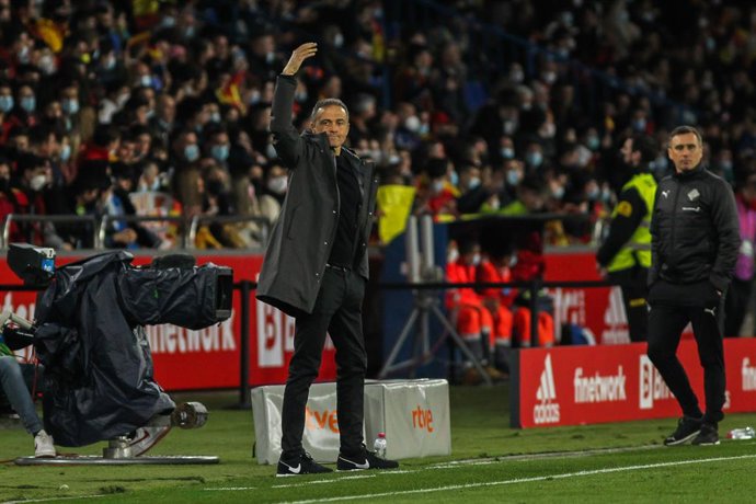 Luis Enrique, head coach of Spain gestures during friendly football match played between Spain and Iceland at Riazor stadium on March 29, 2022, in La Coruna, Spain.