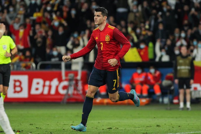 Alvaro Morata of Spain celebrates a goal during friendly football match played between Spain and Iceland at Riazor stadium on March 29, 2022, in La Coruna, Spain.