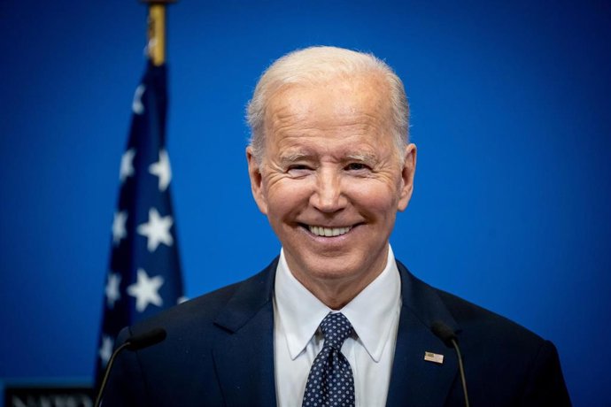24 March 2022, Belgium, Brussels: US President Joe Biden attends a press conference after the G7 meeting and NATO special summit at NATO headquarters. Photo: Michael Kappeler/dpa
