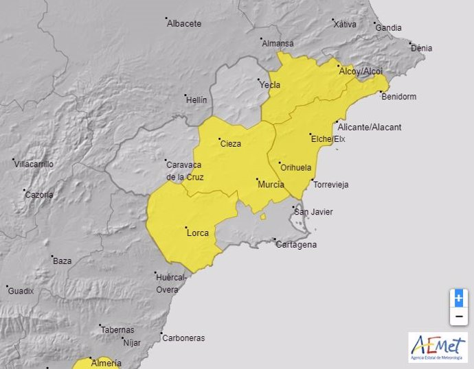 Aviso de nivel amarillo por precipitaciones que pueden alcanzar los 20 litros por metro cuadrado en una hora en la Vega del Segura y el Valle del Guadalentín, Lorca y Águilas