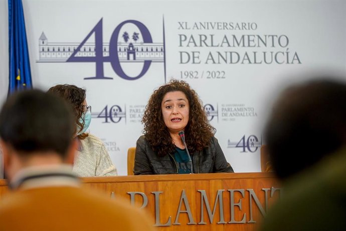 La portavoz del grupo parlamentario Unidas Podemos por Andalucía, Inmaculada Nieto, en rueda de prensa en el Parlamento de Andalucía, tras mantener una reunión con la Fundación Pública Andaluza para la Integración Social de Personas con Enfermedad Menta