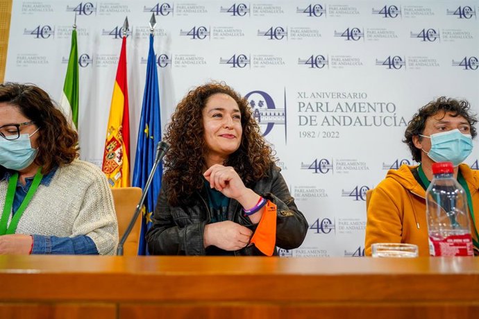 La portavoz del grupo parlamentario Unidas Podemos por Andalucía, Inmaculada Nieto, en rueda de prensa en el Parlamento de Andalucía, tras mantener una reunión con la Fundación Pública Andaluza para la Integración Social de Personas con Enfermedad Menta