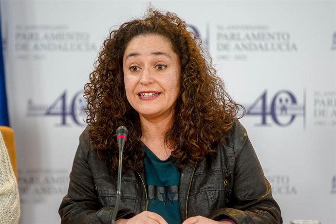 La portavoz del grupo parlamentario Unidas Podemos por Andalucía, Inmaculada Nieto, en rueda de prensa en el Parlamento de Andalucía, tras mantener una reunión con la Fundación Pública Andaluza para la Integración Social de Personas con Enfermedad Menta