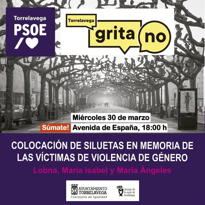 Cartel de la concentración convocada este miércoles en Torrelavega en recuerdo de las víctimas de violencia de género, organizada este mes por el PSOE de Torrelavega