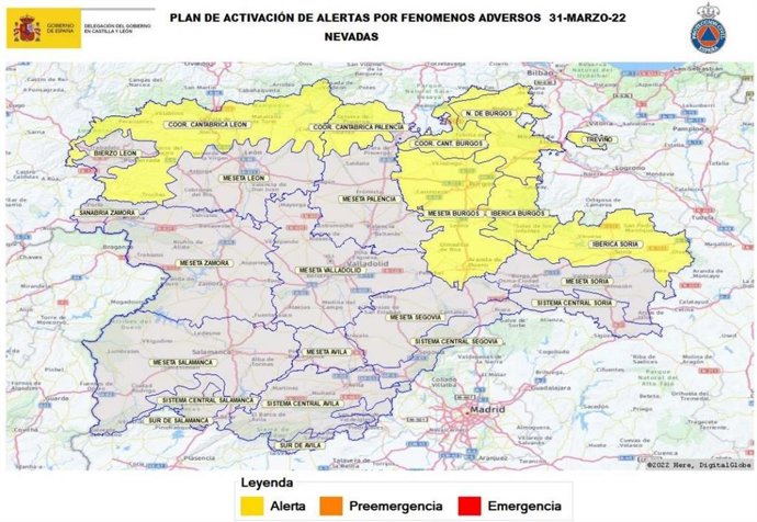 Mapa de avisos por nevadas en Castilla y León.