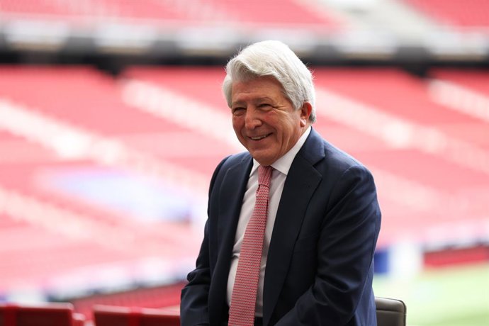 Enrique Cerezo, President of Atletico de Madrid, looks on during the presentation of the rugby match between Spain Rugby Team and Classic All Blacks at Wanda Metropolitano stadium on March 18, 2022, in Madrid, Spain.