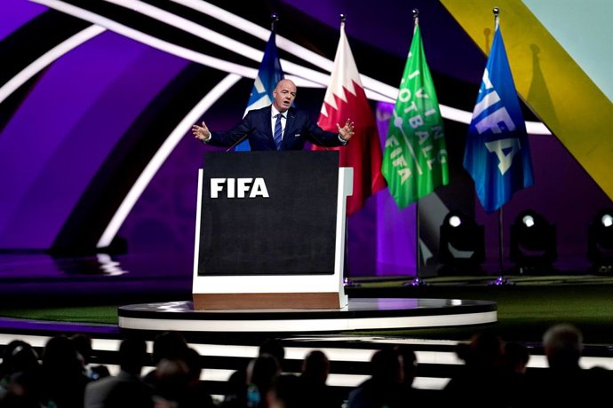 31 March 2022, Qatar, Doha: FIFA president Gianni Infantino delivers a speech during the 72nd FIFA Congress at the Doha Exhibition and Convention Center. Photo: Nick Potts/PA Wire/dpa