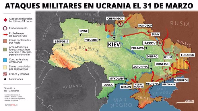 Mapa con ataques militares en Ucrania el 30 de marzo de 2022 (estado a las 16:30 horas). Las Fuerzas Armadas de Ucrania han alertado este jueves de que las tropas rusas están llevando a cabo un mayor despliegue en la región de Donbás, donde estarían cen