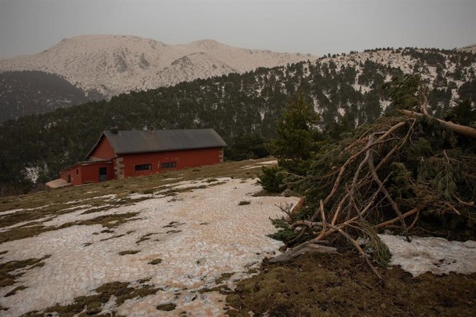 Refugio de El Pingarrón en la Sierra de Guadarrama, a 16 de marzo de 2022, en Guadarrama, Madrid (España). El paso de la borrasca Celia por la península ibérica ha dejado por segundo día consecutivo un manto rojizo de polvo y barro, a la vez que ha teñi