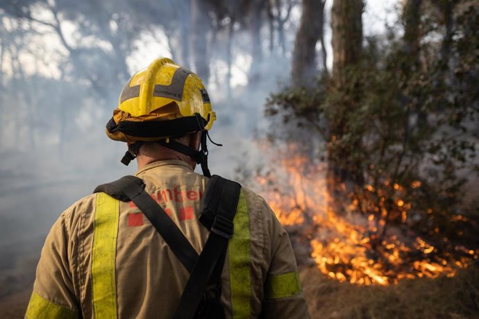 Archivo - Un bombero en el incendio en Argentona, a 24 de junio de 2021, Barcelona, en una foto de archivo. 