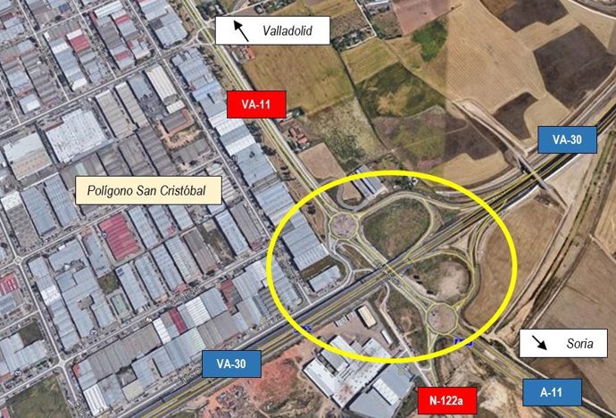 Entorno en el que se actuará en la mejora del enlace de la VA-30 con la A-11 y la carretera de Soria.