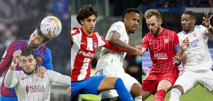 Gerard Piqué (Bara) remata un balón ante Rafa Mnir (Sevilla); Joao Félix (Atlético de Madrid) y Militao (Real Madrid) forcejean; Rakitic (Sevilla) y Alaba (Real Madrid) disputan un balón.