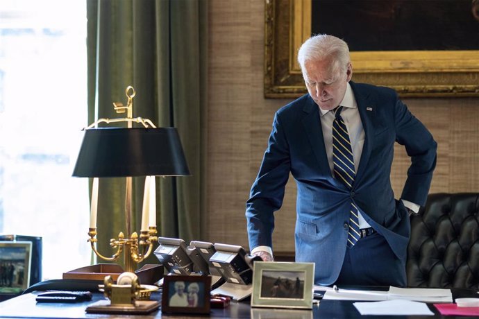 11 March 2022, US, Washington: US President Joe Biden holds a phone call with Ukrainian President Volodymyr Zelenskyy to discuss the ongoing crisis in Ukraine, from the White House. Photo: Adam Schultz/Planet Pix via ZUMA Press Wire/dpa