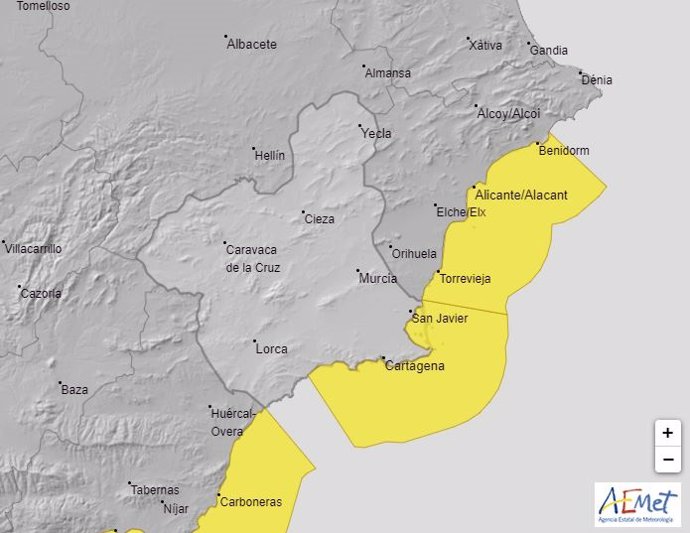Aemet avisa de temporal, para este domingo, en la costa de Cartagena y Mazarrón por viento del nordeste fuerza 7