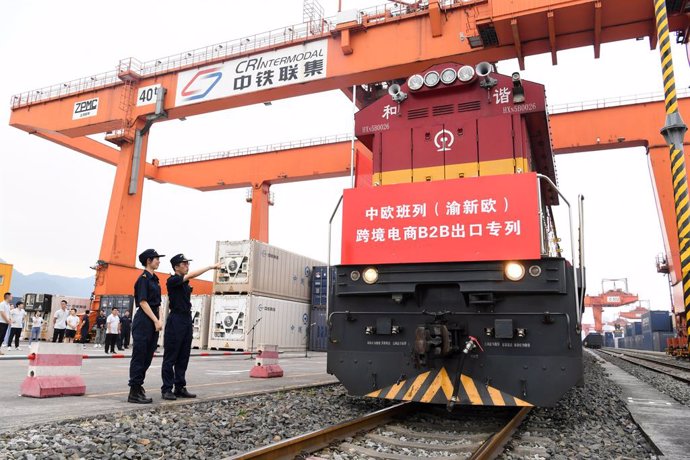 Photo shows a China-Europe freight train for cross-border e-commerce B2B exports departing from southwest China's Chongqing Municipality on September 1, 2020.