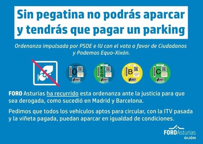 Pegatina distribuida por Foro Asturias en Gijón dentro de una campaña informativa sobre la prohibición de aparcar en zona ORA a vehículos sin etiqueta ambiental