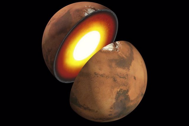 Interpretación del artista que muestra la estructura interna de Marte. La capa superior se conoce como corteza, debajo está el manto, que descansa sobre un núcleo interno.
