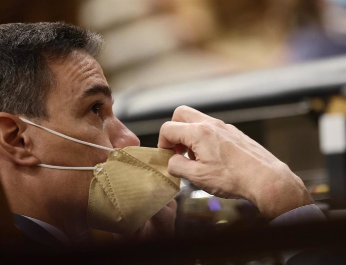 El presidente del Gobierno, Pedro Sánchez, se coloca la mascarilla en una sesión plenaria, en el Congreso