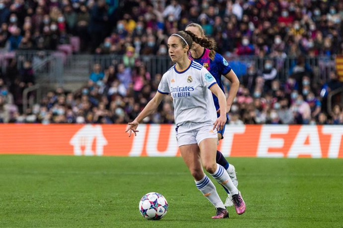 Maite Oroz of Real Madrid in action during the UEFA Women's Champions League Quarter Finals  match between FC Barcelona and Real Madrid CF at Camp Nou on March 30, 2022 in Barcelona, Spain.